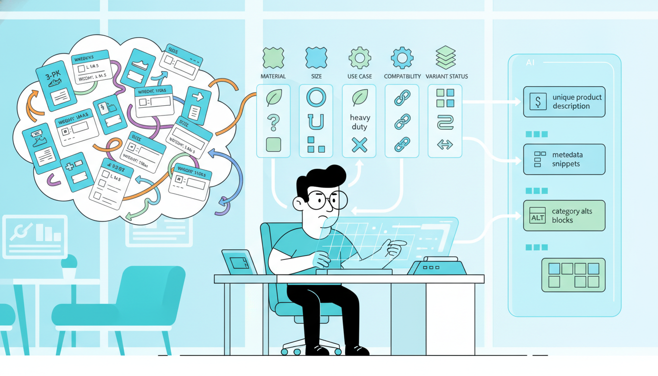 Chaotic product feed being cleaned before AI generates better e-commerce SEO content